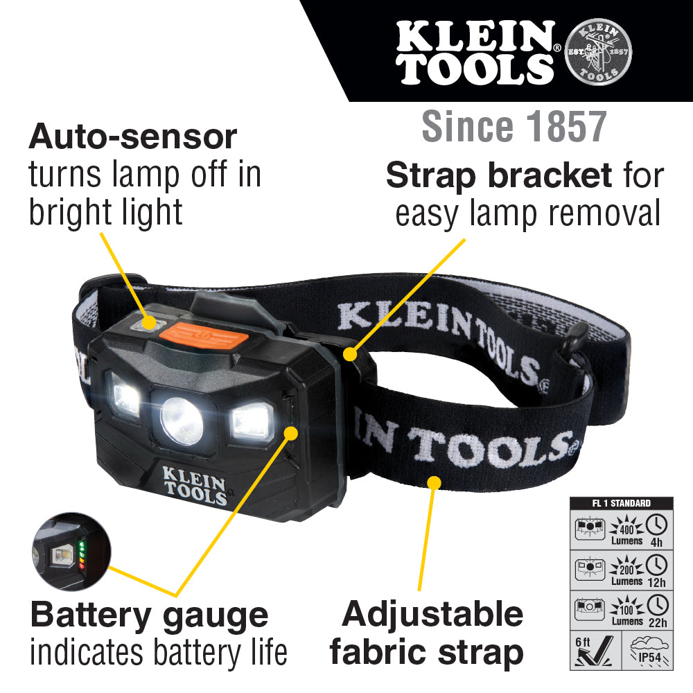 Klein Tools 56048 Rechargeable Headlamp with Strap, 400 Lumen All-Day Runtime, Auto-Off