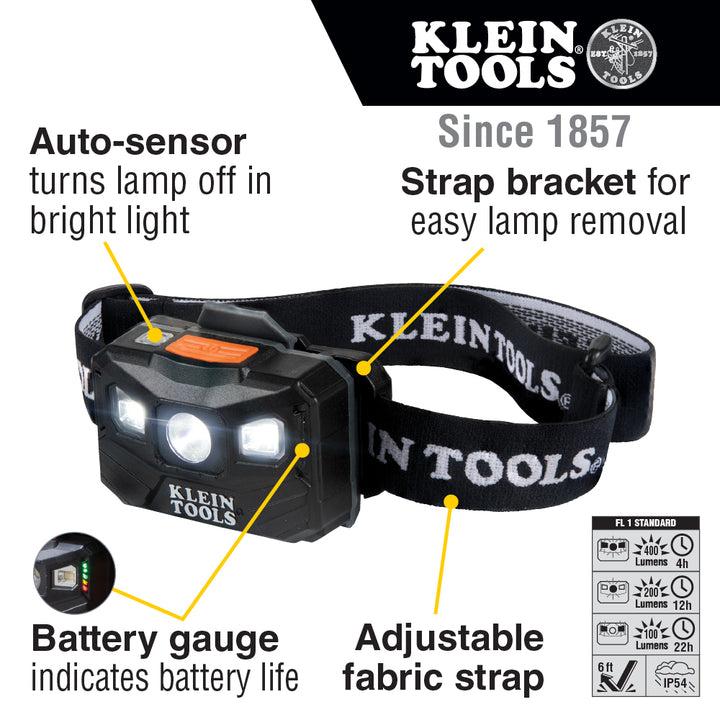 Klein Tools 56048 Rechargeable Headlamp with Strap, 400 Lumen All-Day Runtime, Auto-Off