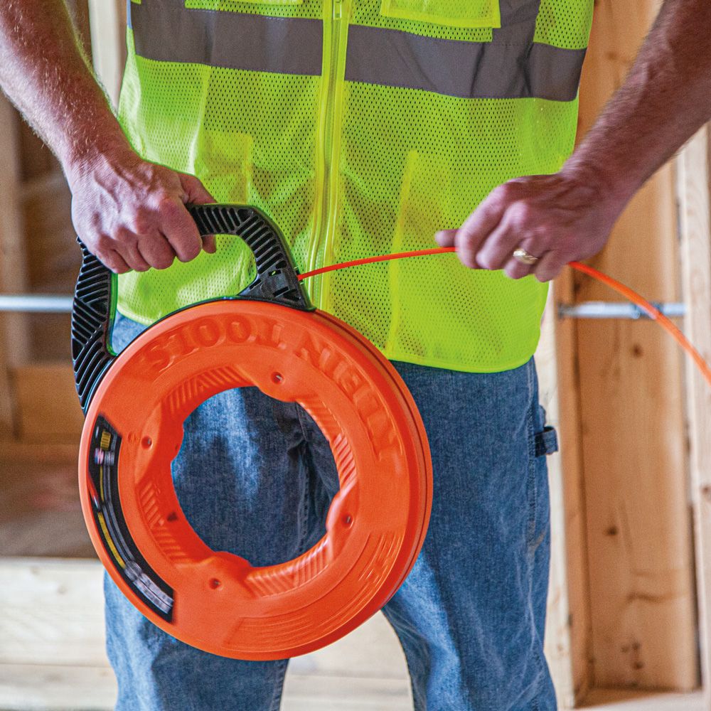 fiberglass fish tape reel Klein Tools 56383 Multi-Groove Fiberglass Fish Tape with Nylon Tip, 100'