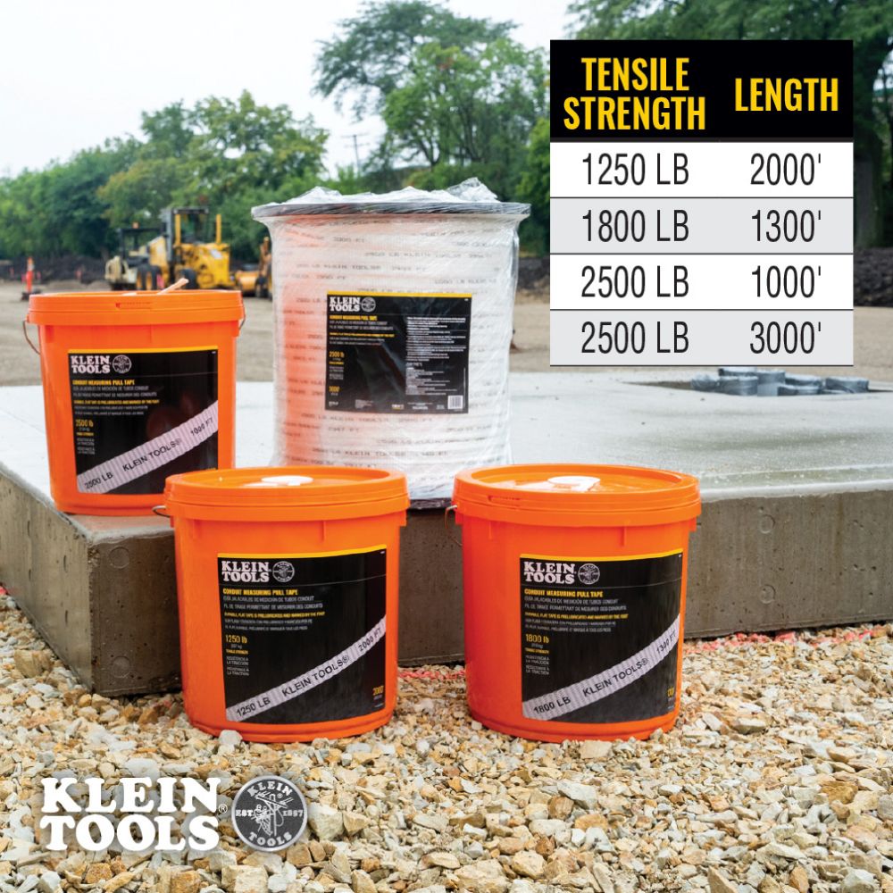 Klein Tools 50141 Conduit Measuring Pull Tape for Heavy-Duty Cable and Wire Pulling, 2500-Pound x 1000-Foot Long