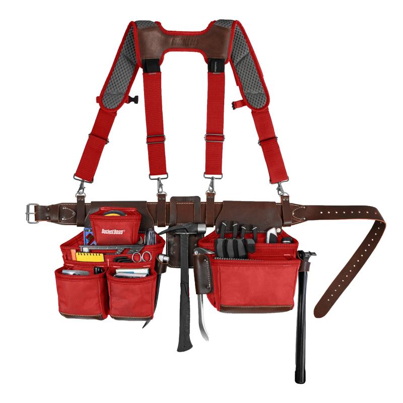 Bucket Boss 55505-RD Leather Hybrid Tool Belt with Suspenders-Red