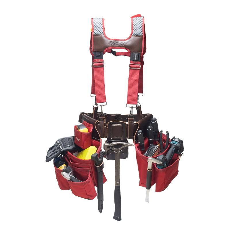 Bucket Boss 55505-RD Leather Hybrid Tool Belt with Suspenders-Red.
