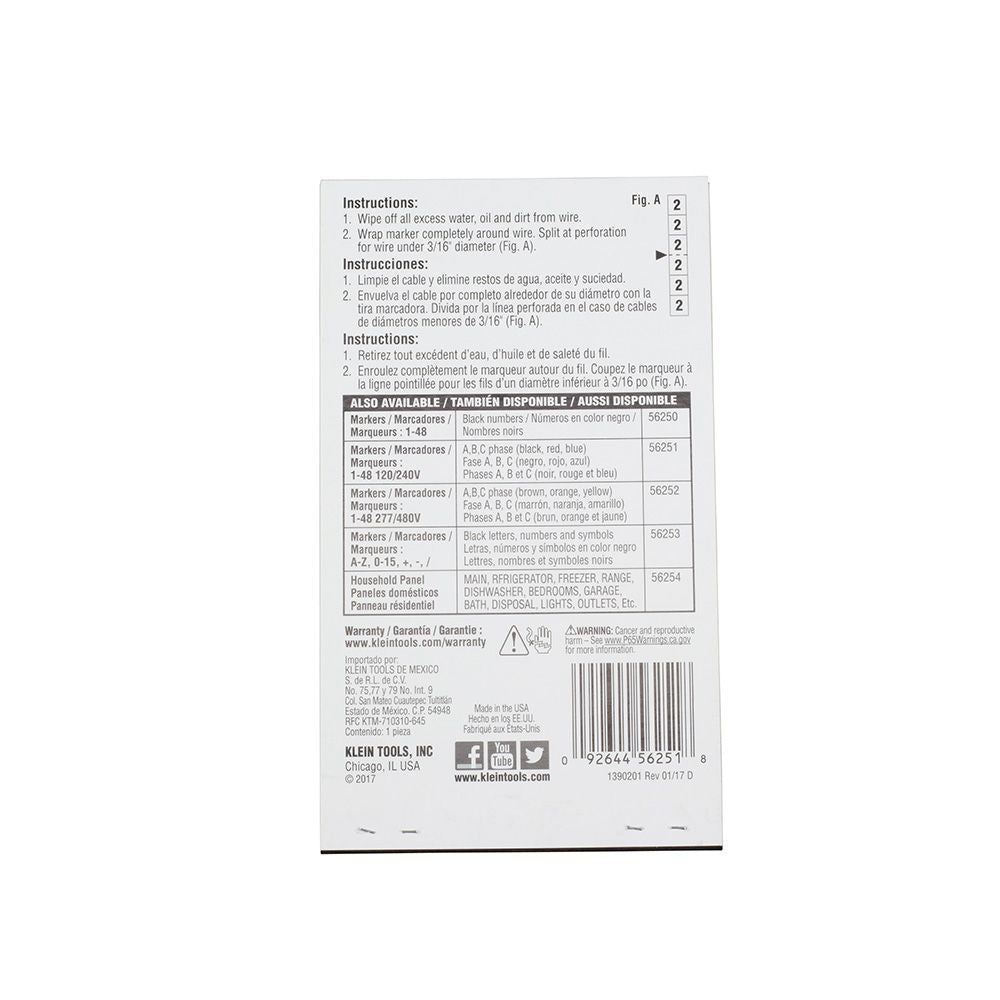 klein Tools 56251 Wire Marker Book, 120/240V 3 Phase 1-48