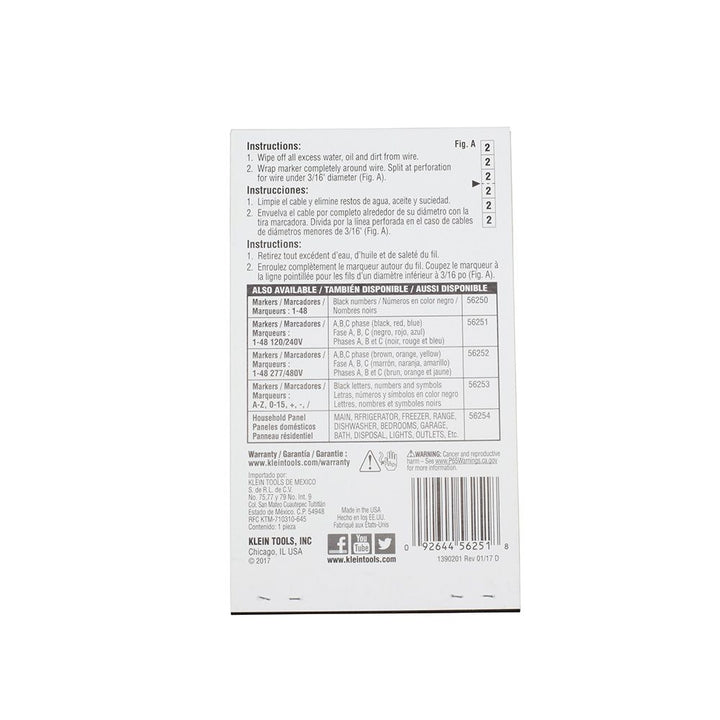 klein Tools 56251 Wire Marker Book, 120/240V 3 Phase 1-48