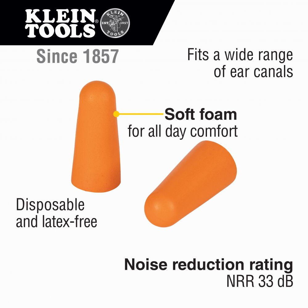 Klein Tools 6054010 Foam Earplugs, 33dB Noise Reduction Rating, Soft Disposable Foam Design, Latex Free, Resealable Pouch, Orange, 10-Pair
