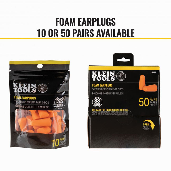 Klein Tools 6054050 Foam Earplugs, 33dB Noise Reduction Rating, Disposable Soft Foam Design, Latex Free, Dispensing Box, Orange, 50-Pair