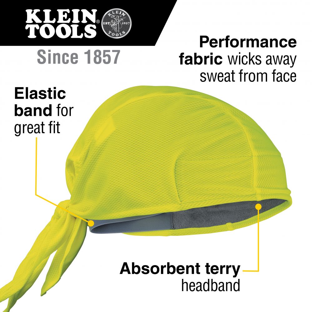 Klein Tools 60546 Cooling Do Rag, Sweat Wicking Under Helmet Skull Cap in High-Visibility Yellow, 2-Pack