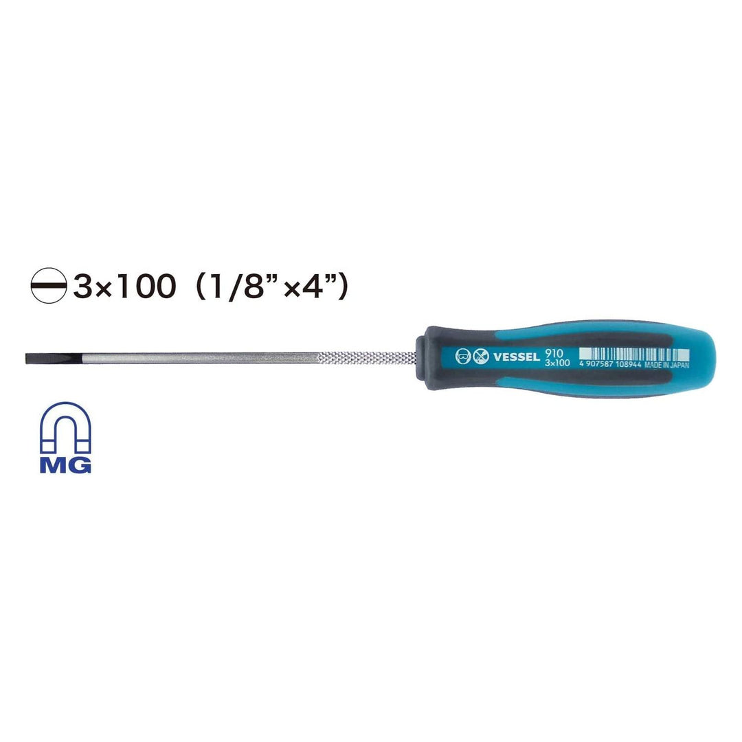 Vessel Tools 910S3100 MEGADORA Thin Shank Screwdriver No.910, Slotted 3mm