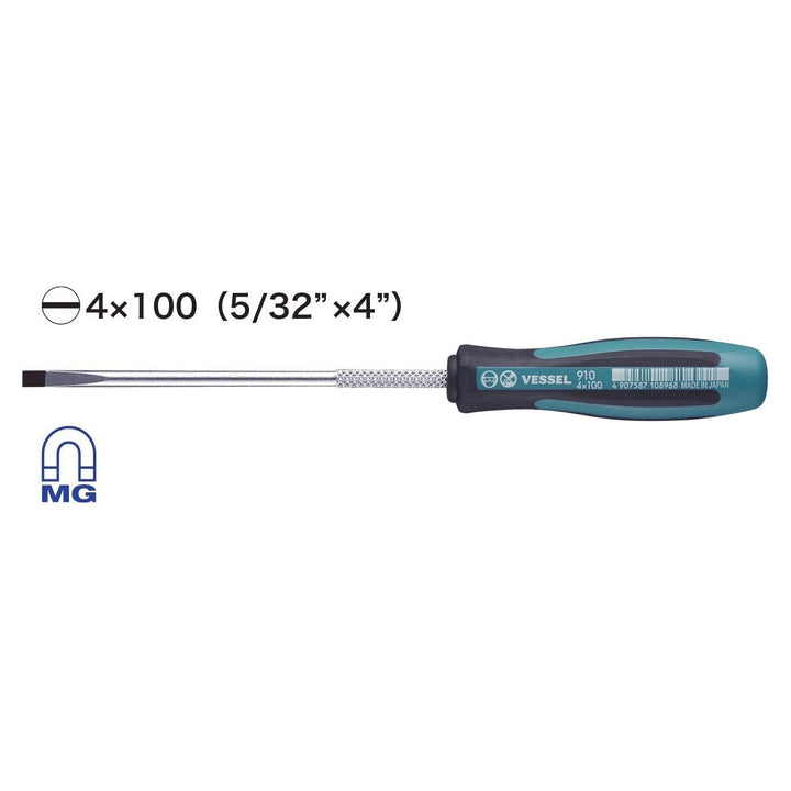 Vessel Tools 910S4100 MEGADORA Thin Shank Screwdriver No.910, Slotted 4 mm