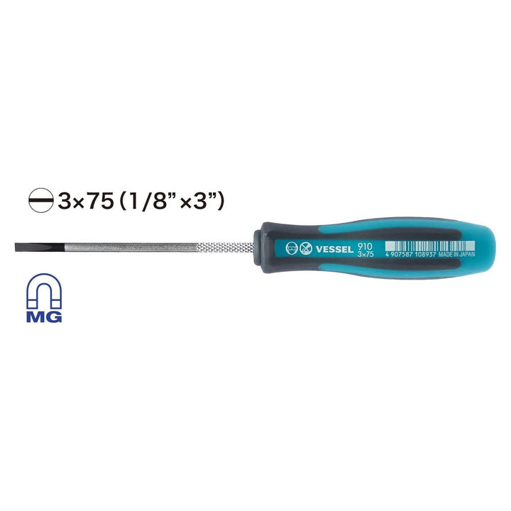 Vessel Tools 910S375 MEGADORA Thin Shank Screwdriver No.910, Slotted 3mm