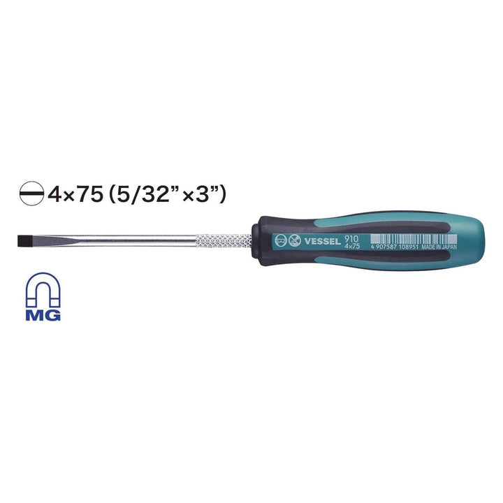 Vessel Tools 910S475 MEGADORA Thin Shank Screwdriver No.910, Slotted 4 mm