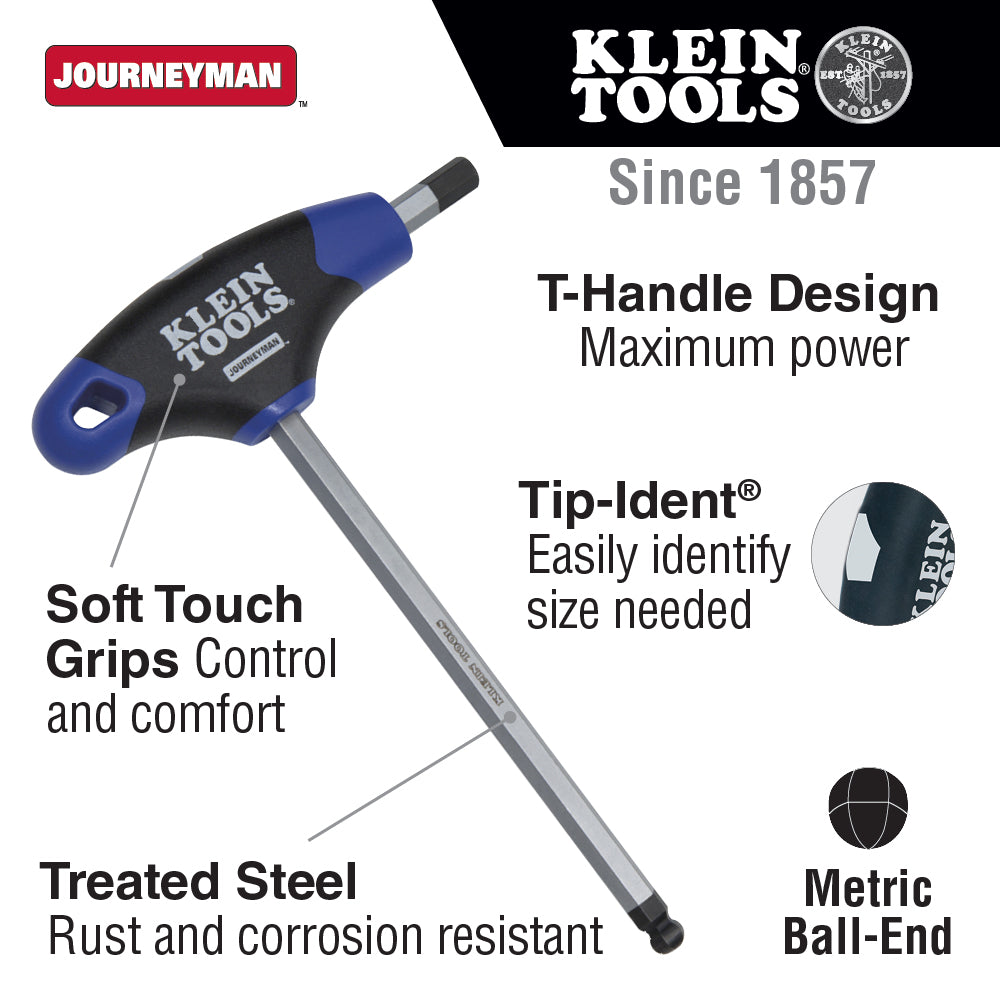 Klein Tools JTH6M2BE Journeyman Ball End T-Handle Hex Key, 6" x 2 mm