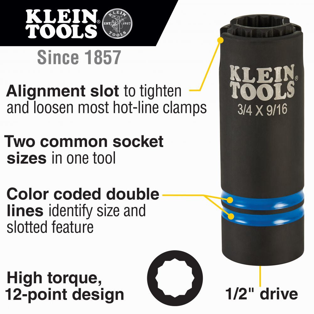 Klein Tools 66031 3-in-1 Slotted Impact Socket, 12-Point, 3/4 and 9/16-Inch