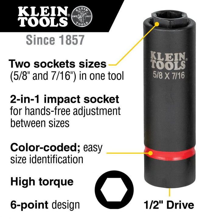 Klein Tools 66062 2-in-1 Deep Impact Socket, 6-Point 5/8-Inch and 7/16-Inch Hex Socket, Use with Impact Wrenches BAT20-CW, BAT20-CW