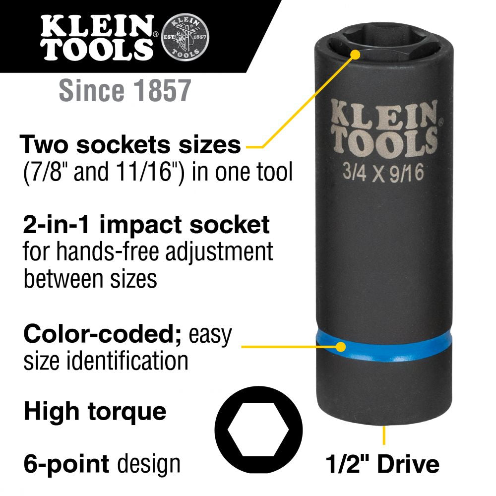 Klein Tools 66064 2-in-1 Deep Impact Socket, 6-Point 7/8-Inch and 11/16-Inch Hex Sizes, Use with Impact Wrenches BAT20-CW, BAT20-CW