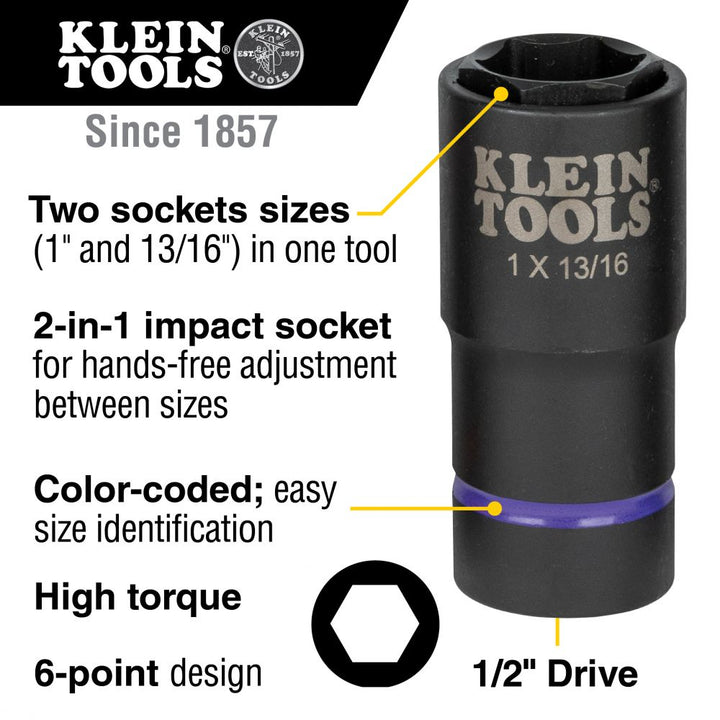 Klein Tools 66065 2-in-1 Deep Impact Socket, 6-Point 1-Inch and 13/16-Inch Hex Socket Sizes, Use with Impact Wrenches BAT20-CW, BAT20-CW