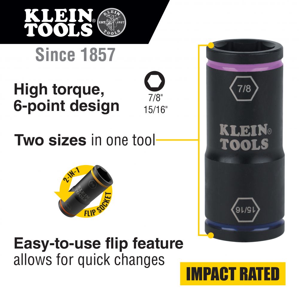 Klein Tools 66073 Flip Impact Socket, 15/16 and 7/8-Inch
