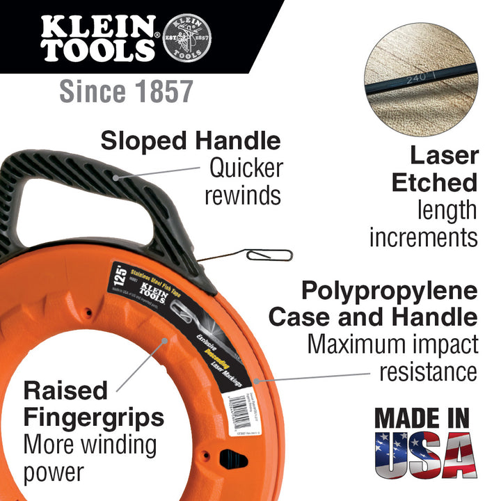 Klein Tools 56002 Fish Tape, 65-Foot, Great for Long Runs and Heavy Duty Wire Pulls, Laser Etched for Conduit Measuring