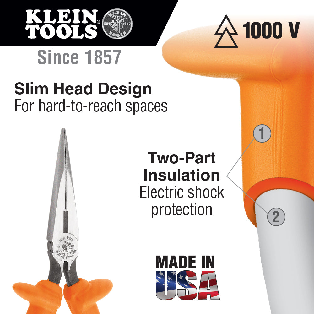 Klein Tools D203-8N-INS Insulated Long Nose Pliers, Side-Cutting/Stripping