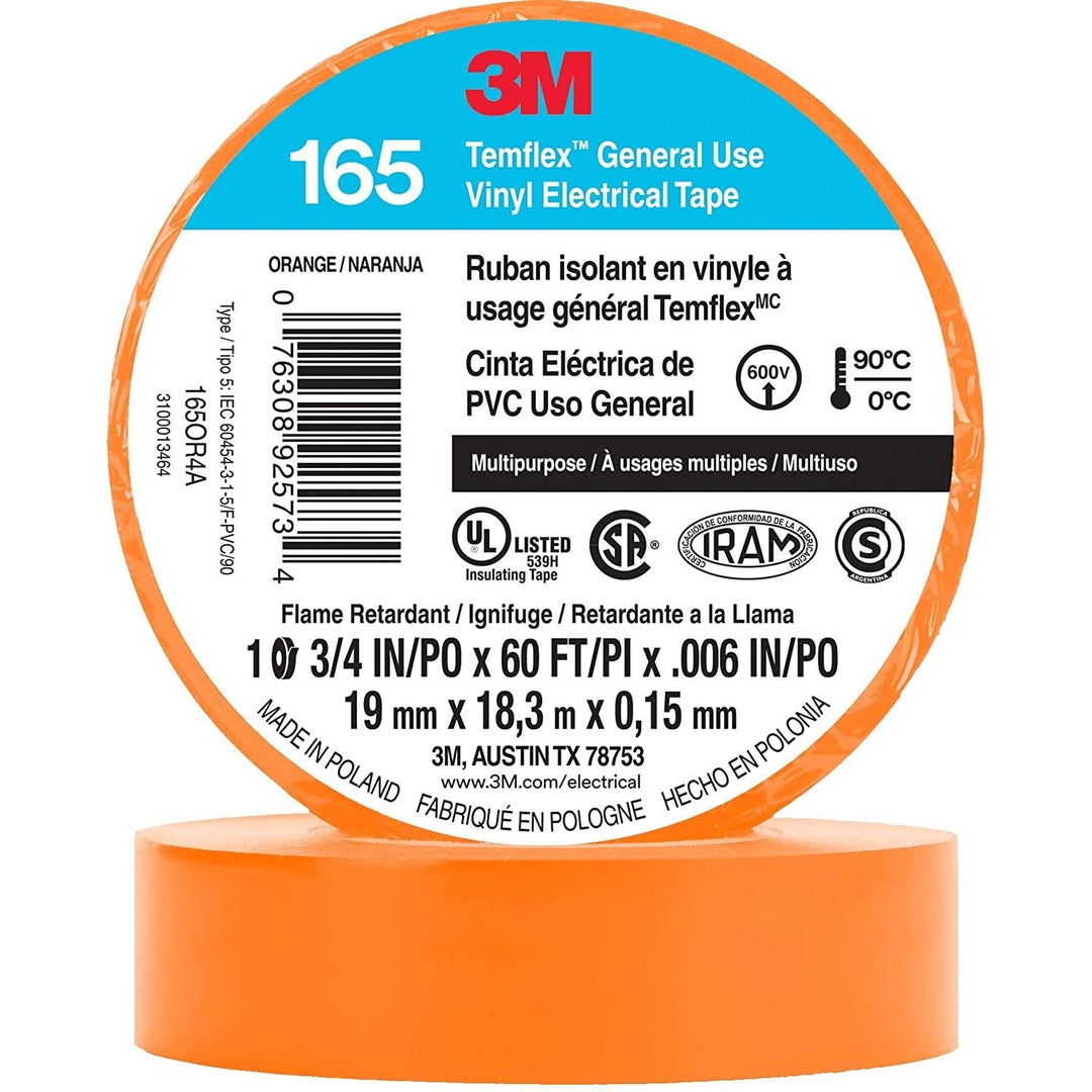 3M Temflex Vinyl Electrical Tape 165, Black, 3/4 in x 60 ft, 6 mil