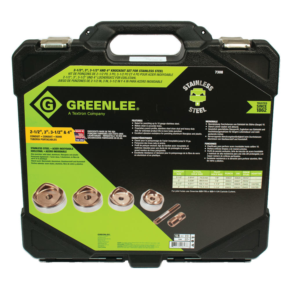 Greenlee 7308 Slug Splitter® SC Knockout Punch Kit (2-1/2", 3", 3-1/2", & 4" Conduit)