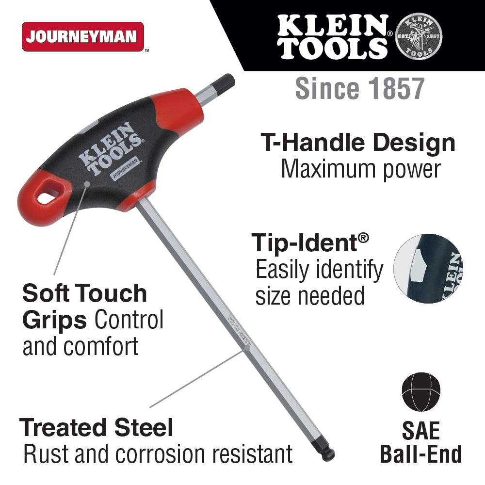 Klein Tools JTH6E09BE Journeyman Ball End T-Handle Hex Key, 6" x 9/64"