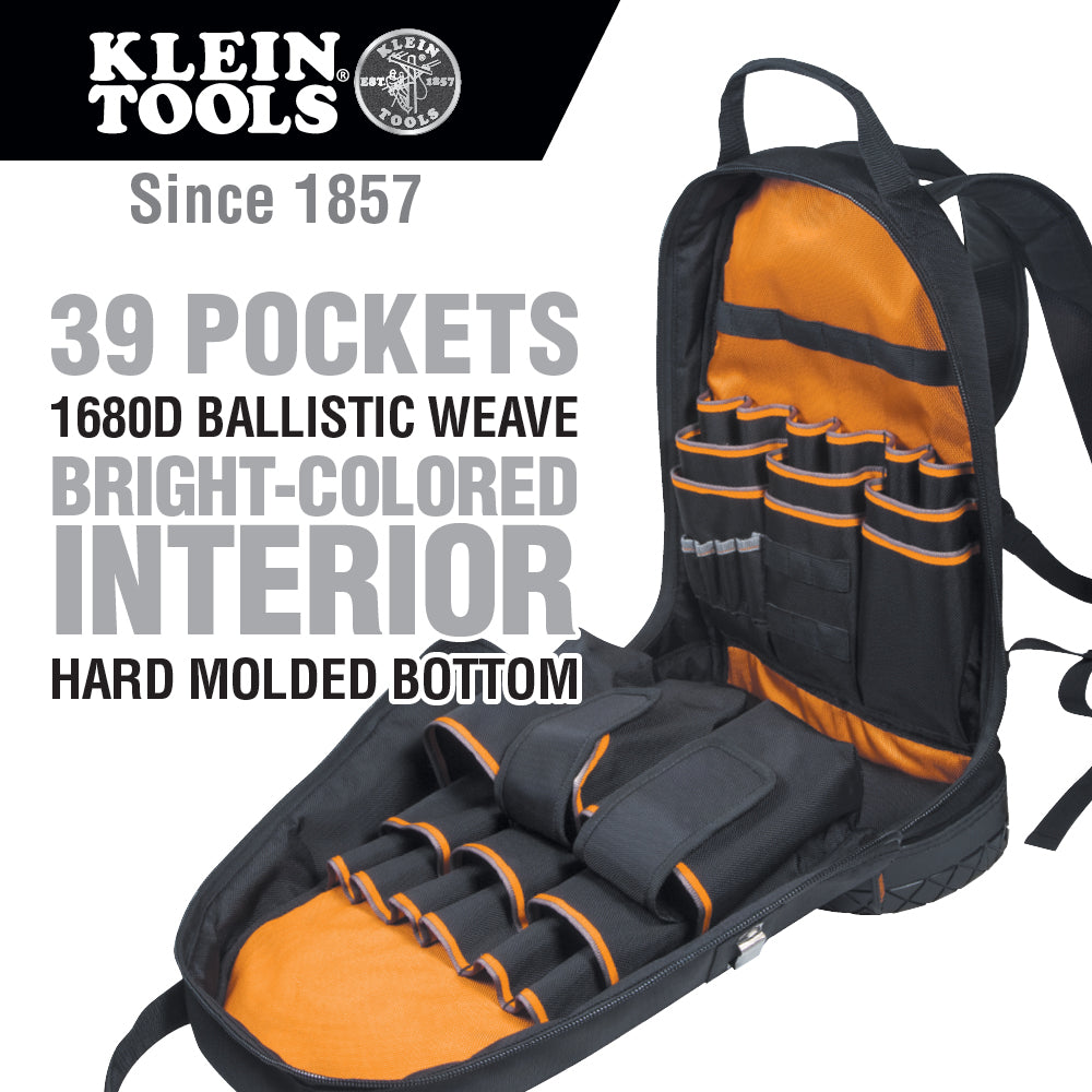 Klein Tools 55421BP-14 Backpack, Electrician Tool Bag, Tradesman Pro Organizer, 39 Pockets and Molded Base