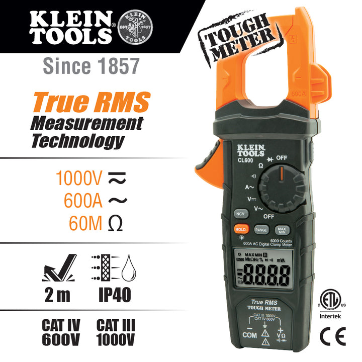 Klein Tools CL600 Digital Clamp Meter AC Auto-Ranging 600A