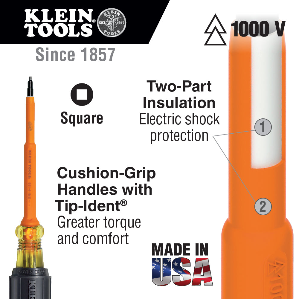 Klein Tools 662-4-INS Insulated Screwdriver, #2 Square, 4'' Shank