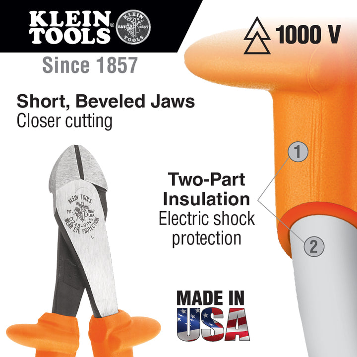 Klein Tools D2000-48-INS Insulated Pliers, Heavy-Duty Diagonal-Cutting, 8"