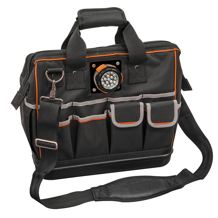 Klein Tools 55431 Tool Bag with Padded Shoulder Strap and Handles, Lighted Tool Storage with 31 Pocket