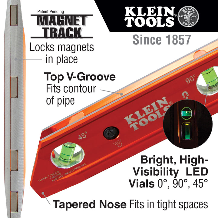 Klein Tools 935RBLT Lighted Level, Magnetic Torpedo, 3 Vial, V-Groove and Magnet Track
