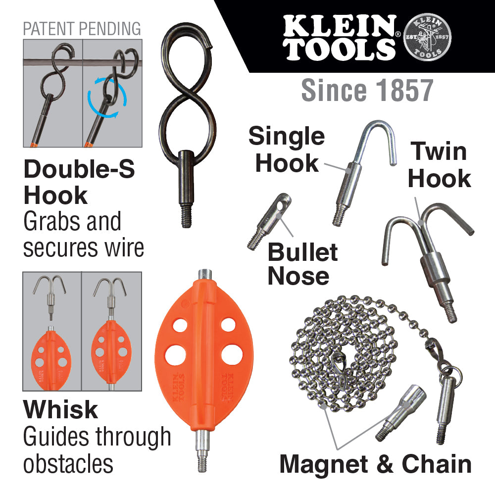 Klein Tools 56511 Splinter Guard Wire Fish Rod and Glow Rod Attachment Set with Double-S Hook and More 7-Piece