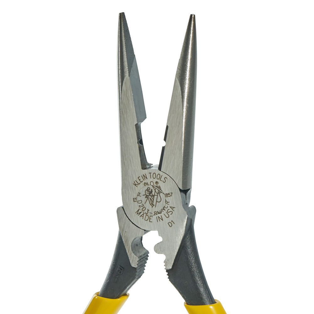 Klein Tools D203-8NCR Pliers, Long Nose Side Cutters, Strip/Crimp, 8"