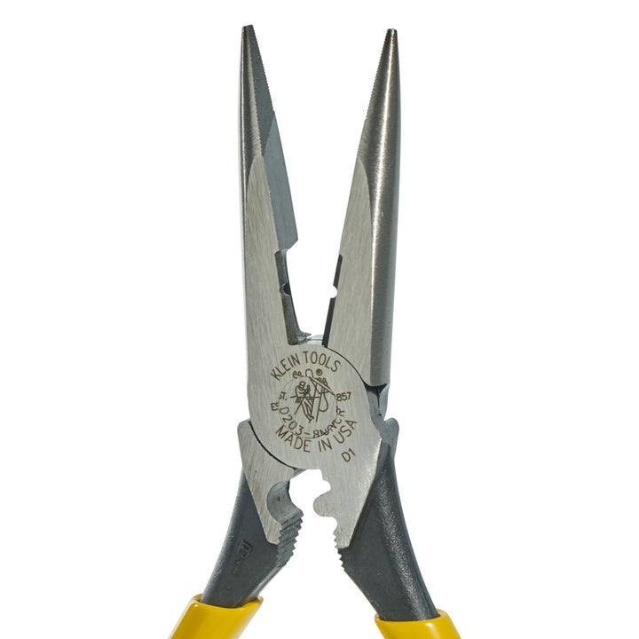 Klein Tools D203-8NCR Pliers, Long Nose Side Cutters, Strip/Crimp, 8"