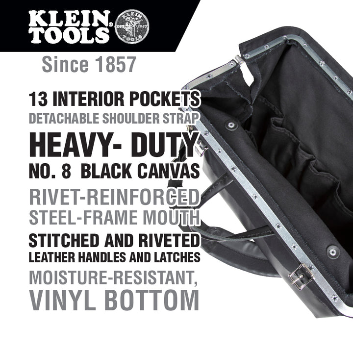 Klein Tools 510218SPBLK Deluxe Black Canvas Tool Bag, 18-Inch
