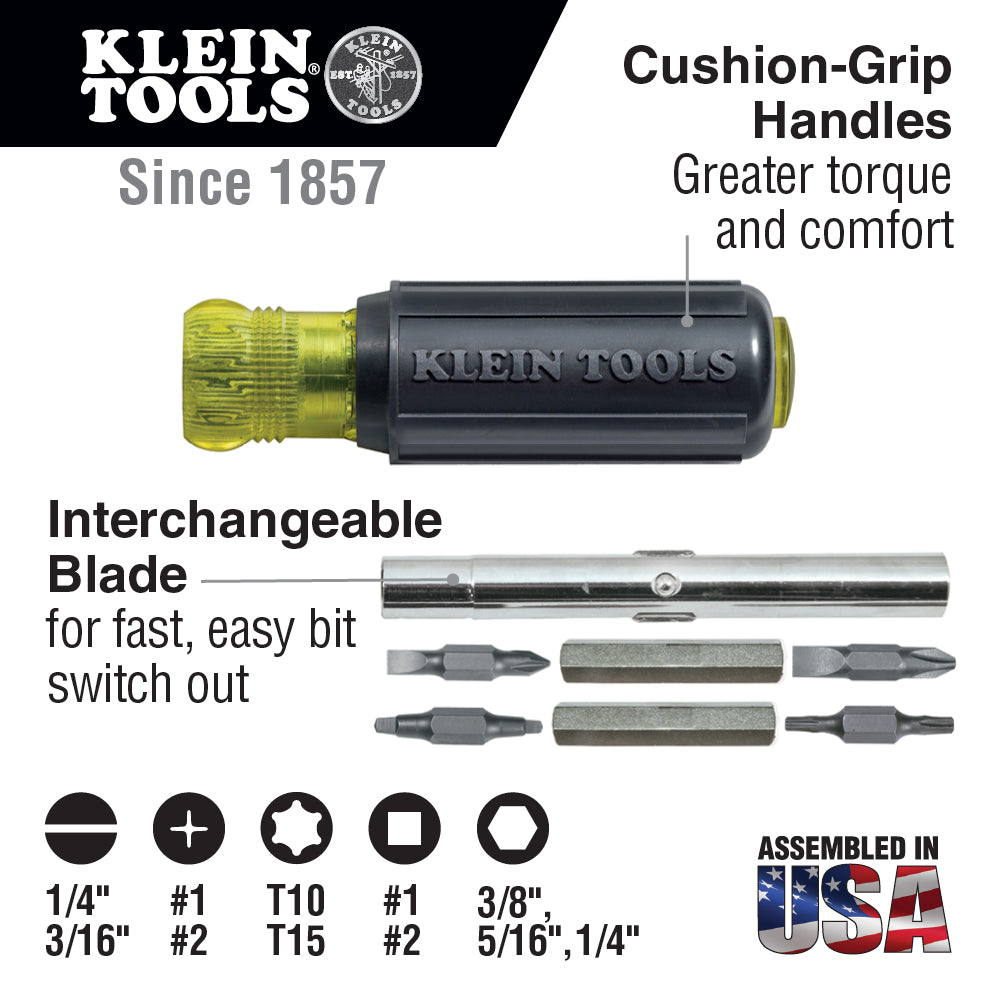 Klein Tools 32500 Screwdriver and Nut Driver 11-in-1 Multi Tool Industrial Cushion Grip Handle