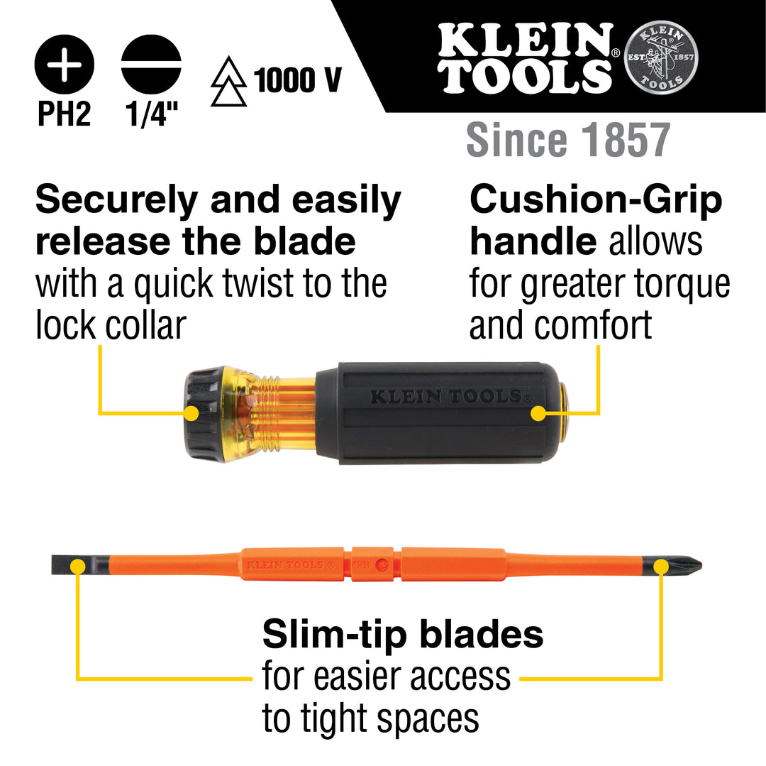 Klein Tools 32293 2-in-1 Insulated Flip-Blade Screwdriver, #2 Ph, 1/4-Inch Sl