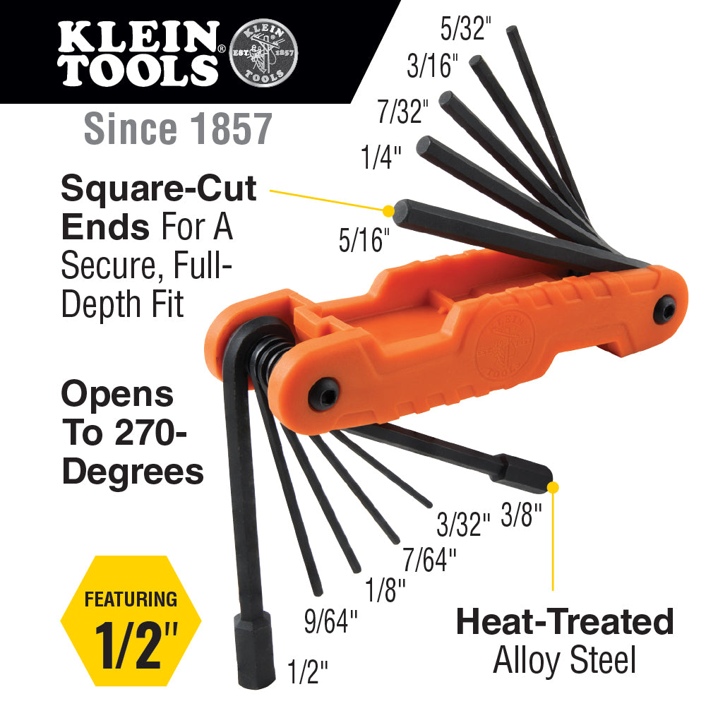 Klein Tools 70550 Pro Folding Hex Key Set, 11 Fractional Inch-Sized Keys