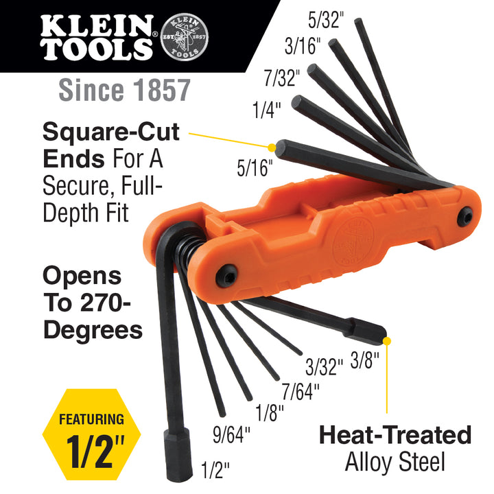 Klein Tools 70550 Pro Folding Hex Key Set, 11 Fractional Inch-Sized Keys