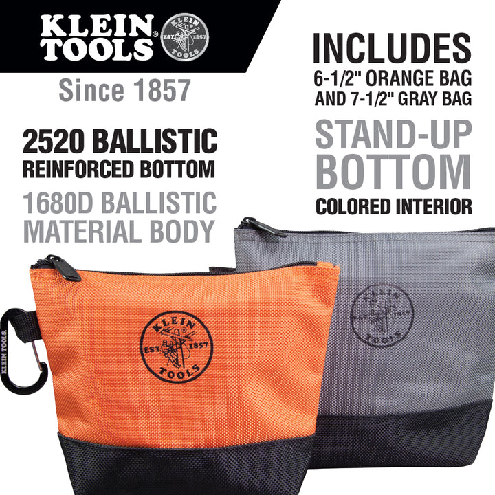 Klein Tools 55470 Utility Bag, Stand-Up Zipper Tool Bags in Orange/Black, Gray/Black, 2-Pack