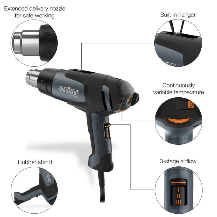 Steinel HL 1920 E Professional Heat Gun, 1500 W, Adjustable Temperature and Airflow, Hot Air Gun for Soldering, Heat Shrinking, Stripping Paint