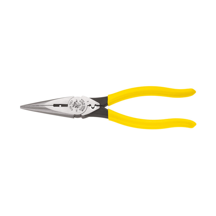 Klein Tools D203-8NCR Pliers, Long Nose Side Cutters, Strip/Crimp, 8"