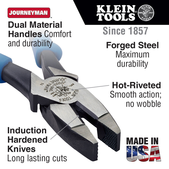 Klein Tools J2000-9NE Side Cutter Linemans Pliers, High Leverage 9-Inch Pliers Cut ACSR, Screws, Nails, Wire
