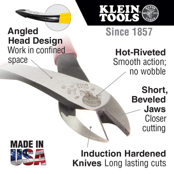 Klein Tools J2000-48 Diagonal Cutters, Angled Pliers for Small Areas, 8-Inch Heavy Duty Pliers Cut ACSR and More