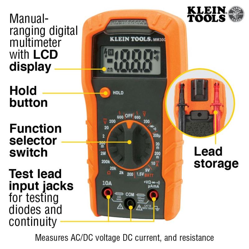 Klein Tools MM300 Digital Multimeter, Manual-Ranging, 600V