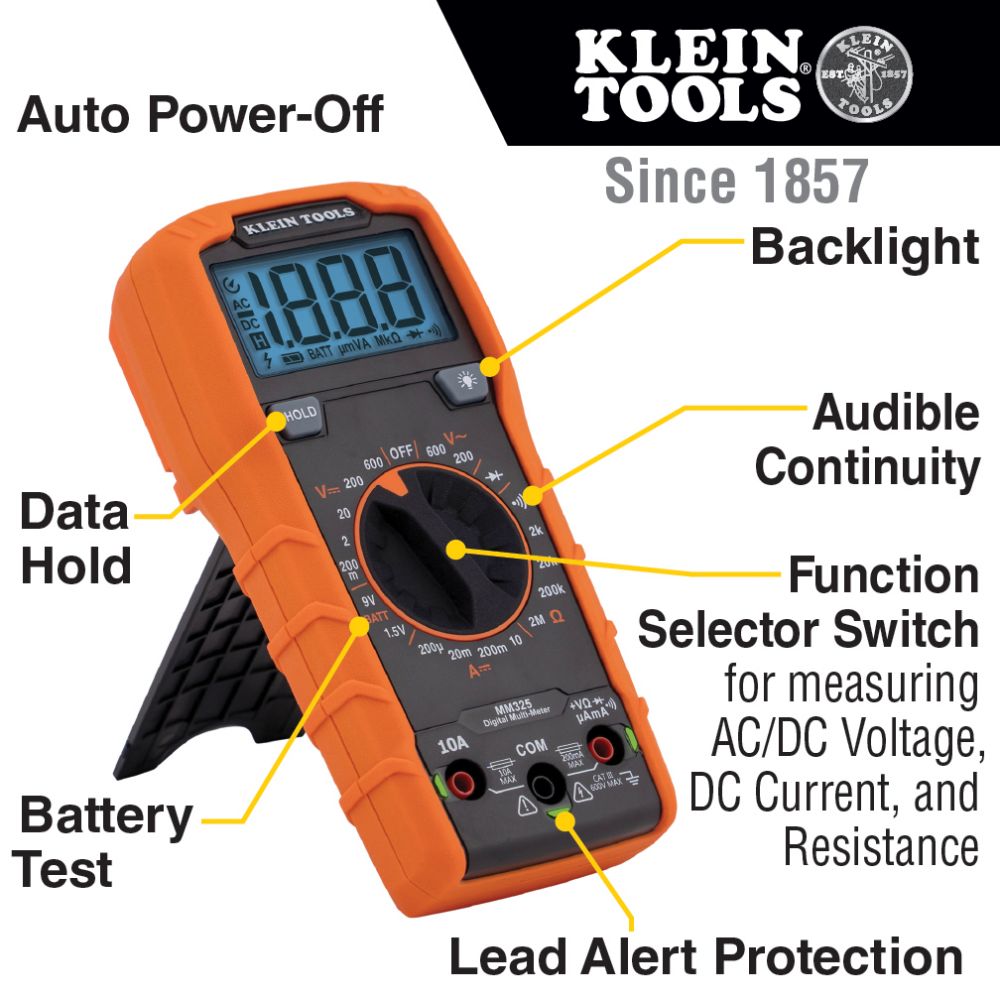 Klein Tools MM325 Multimeter, Digital Manual-Ranging 600V AC/DC Voltage Tester, Tests Batteries, Current, Resistance, Diodes, and Continuity
