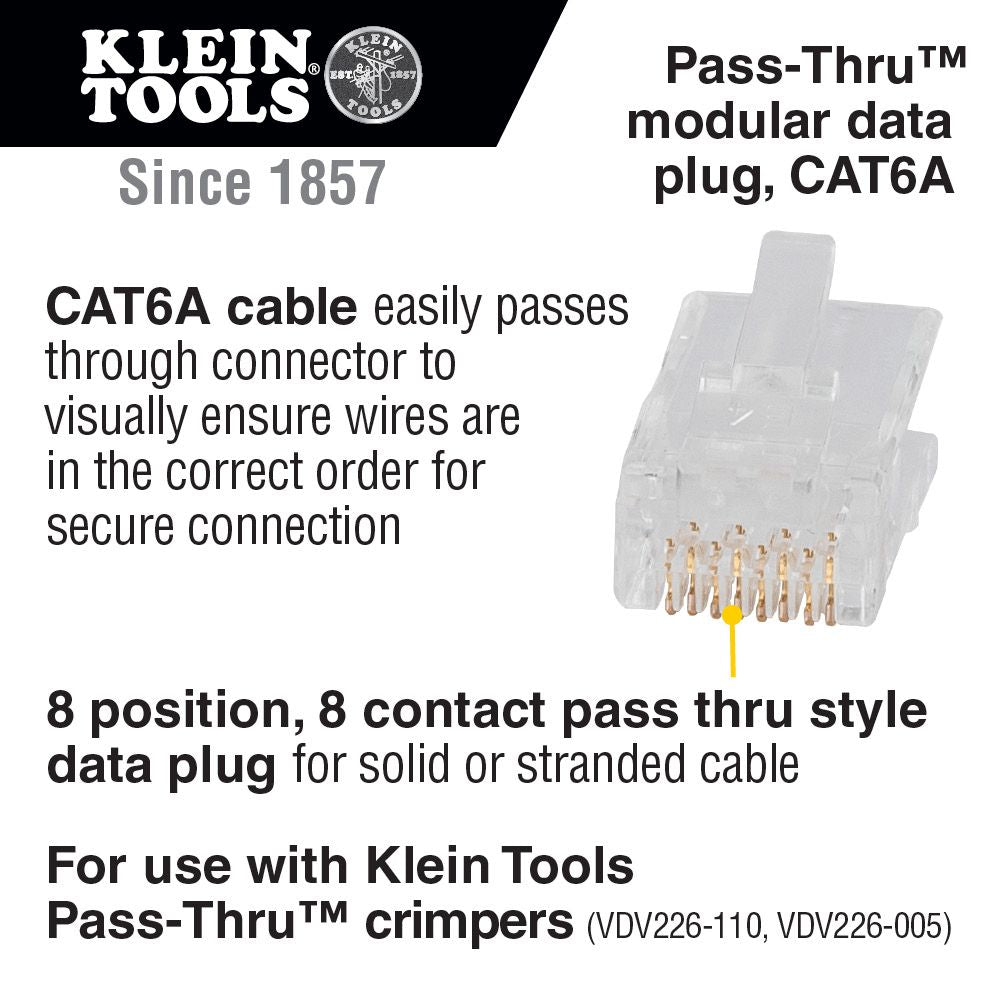 Klein Tools VDV826-704 Pass-Thru Modular Data Plugs, RJ-45-CAT6A, UTP, 50-Pack