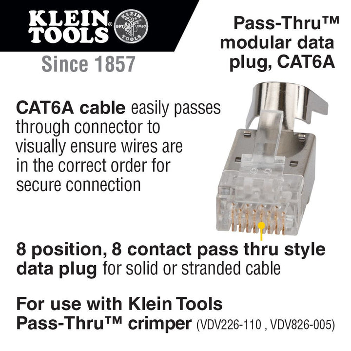 Klein Tools VDV826-705 Pass-Thru Modular Data Plugs, RJ45-CAT6A, Shielded (STP), 50-Pack